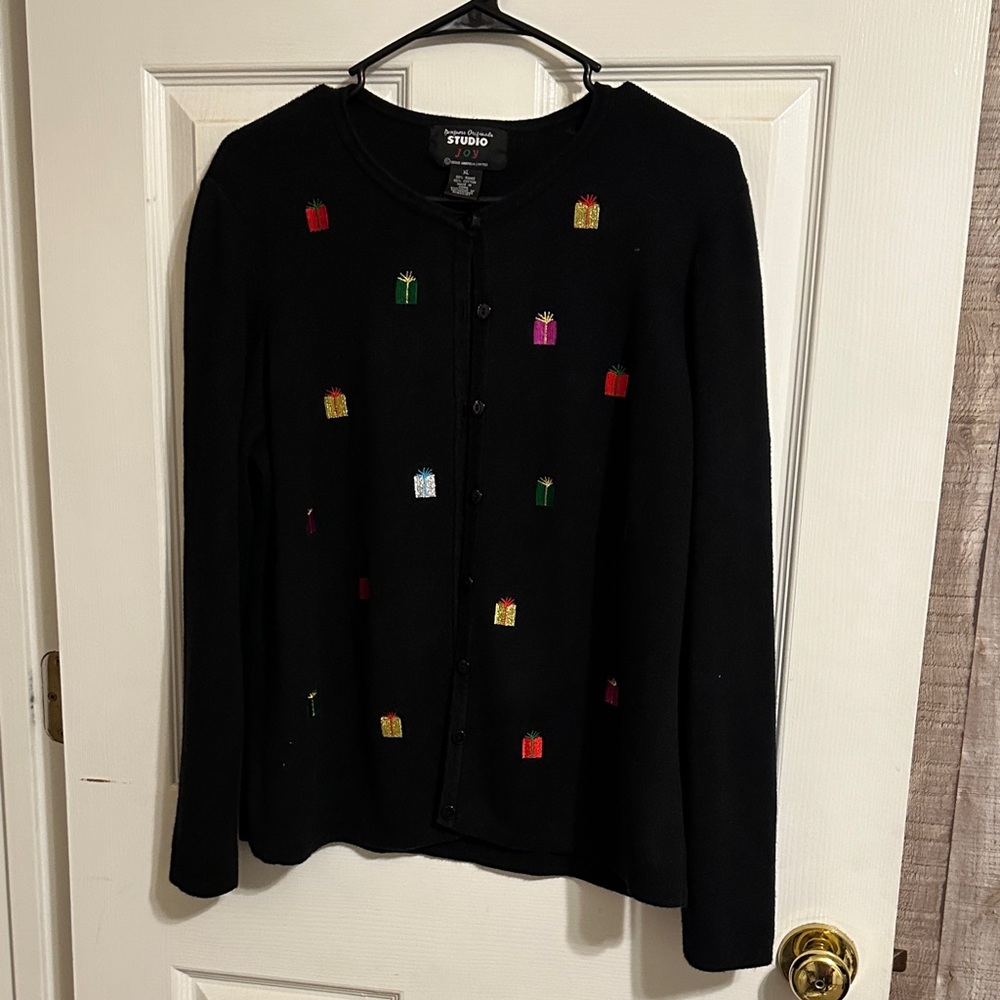 Studio Black Holiday Cardigan with Multicolor Embroidery